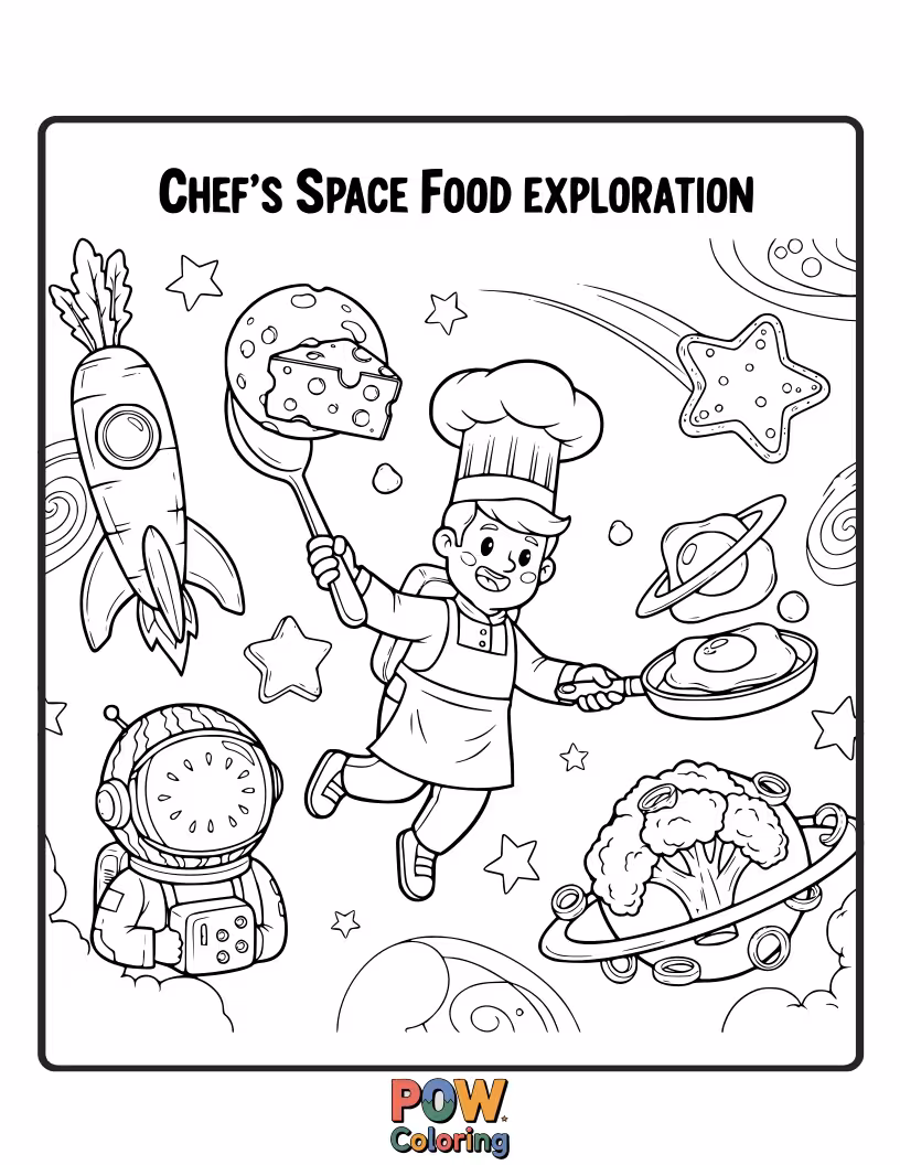 Free coloring page of An adventurous chef in a spaceship kitchen, preparing futuristic, glowing meals for astronauts with planets and stars in the background.