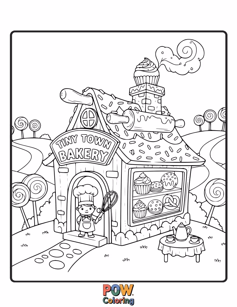 Free coloring page of A meticulous chef working in a charming, miniature bakery within a bustling tiny town, crafting delicate cakes and pastries.