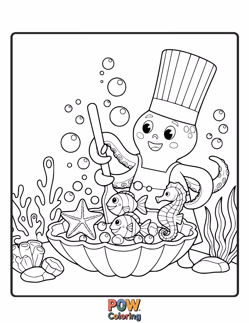 Free coloring page of An imaginative chef preparing a seafood feast in a bubbly underwater kitchen, surrounded by friendly fish and coral.