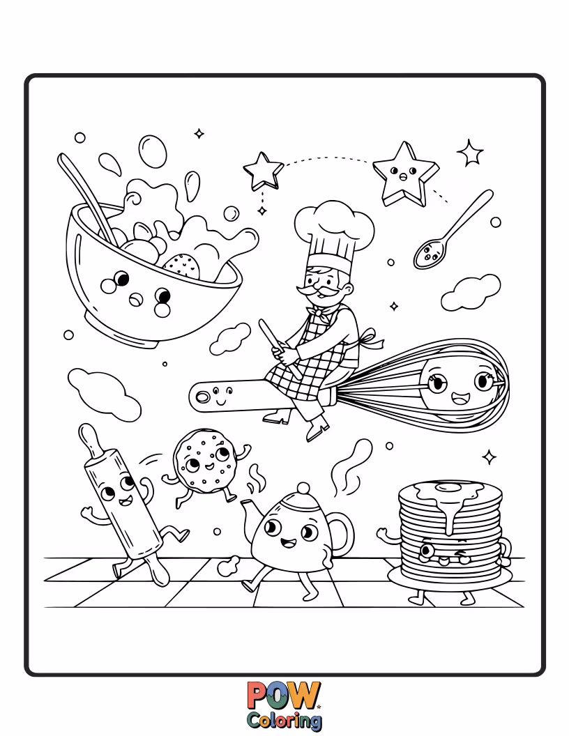 Free coloring page of A cheerful chef happily stirring a bubbling pot in a fantastical kitchen filled with oversized ingredients and friendly animal helpers.