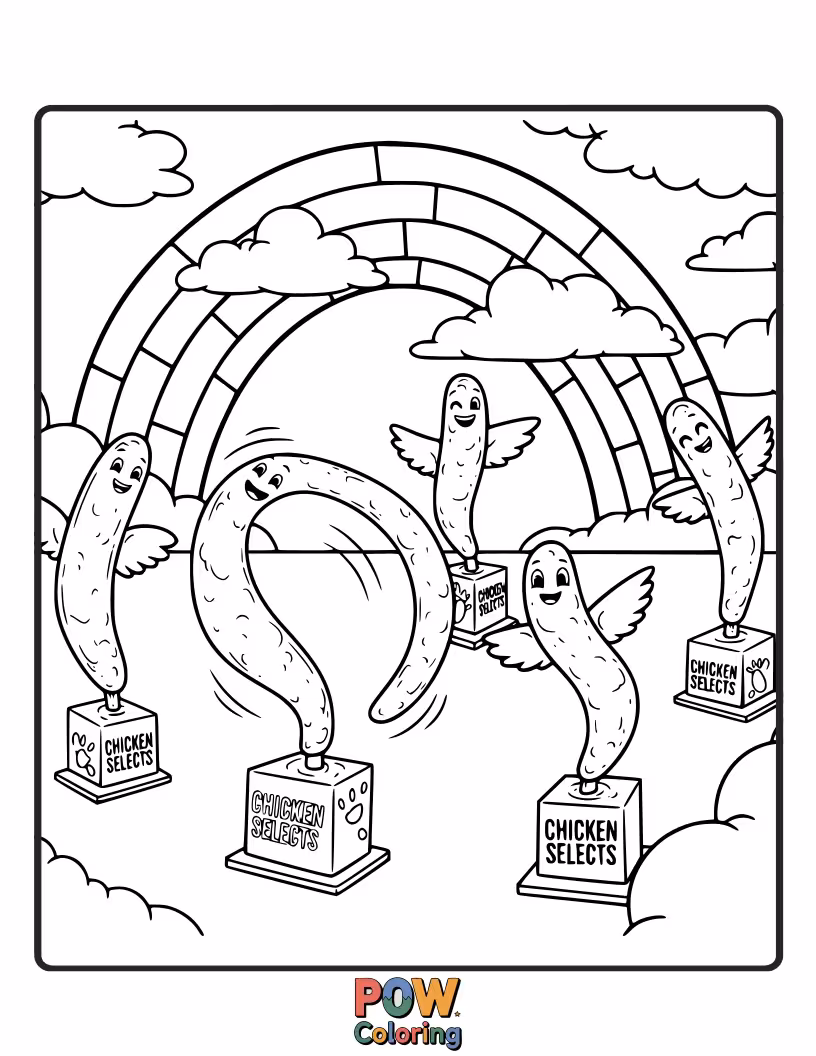 Free coloring page of Chicken Selects performing aerial acrobatics with colorful ribbons.