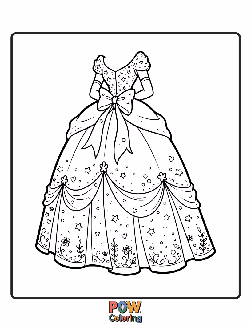 Free coloring page of A whimsical sketch of Cinderella's dream gown, filled with swirls, stars, and magical motifs.