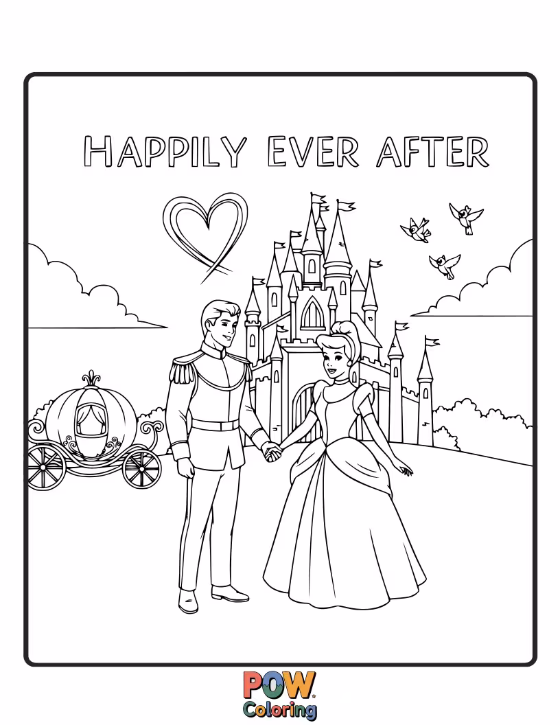 Free coloring page of Cinderella and Prince Charming sharing a loving embrace, signifying their happy ending.