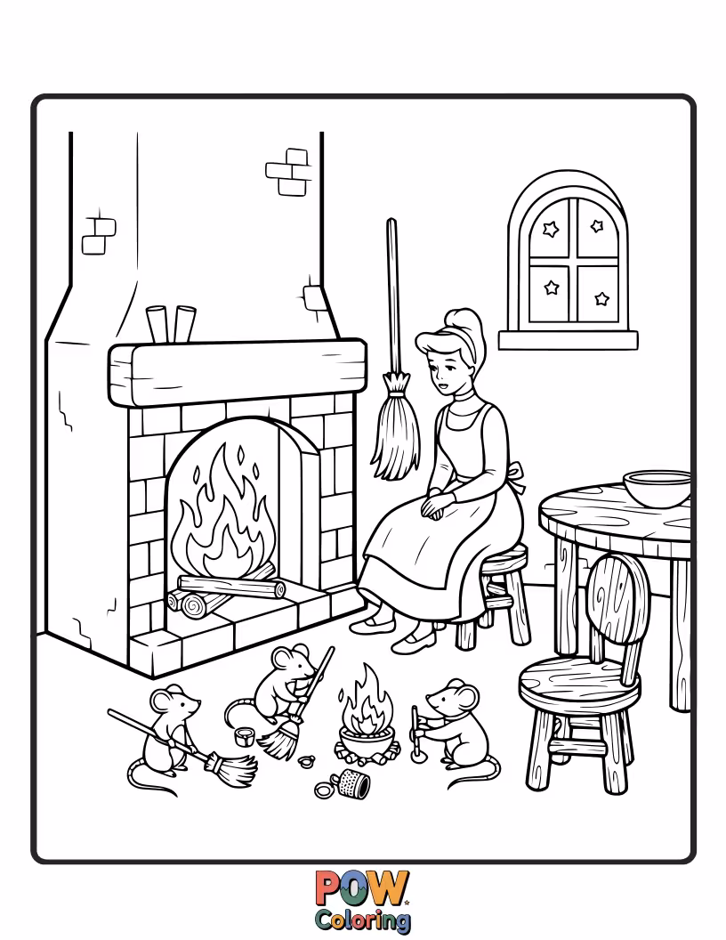 Free coloring page of A cozy scene of Cinderella by the fireplace, looking peaceful and content despite her chores.