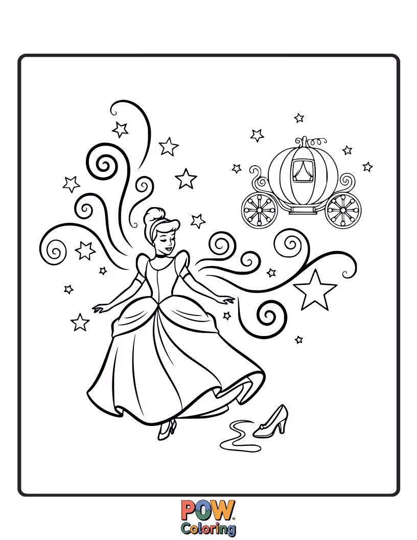 Free coloring page of Cinderella dreaming under starry skies, surrounded by magical sparkles and fireflies.