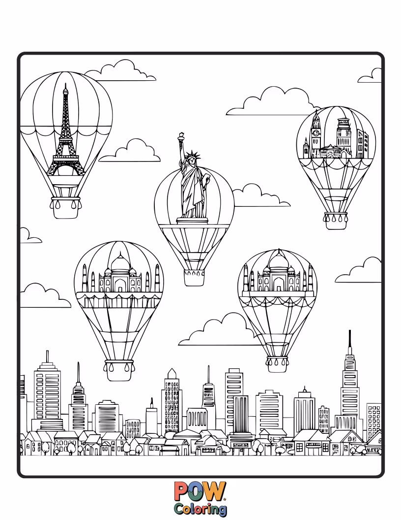 Free coloring page of Hot air balloons with city building designs floating gently above a miniature, detailed cityscape below.