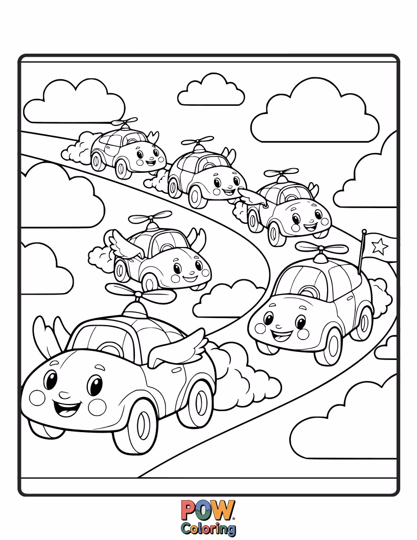 Free coloring page of Fluffy cloud-shaped cars floating gently through the sky, leaving trails of soft color behind them.