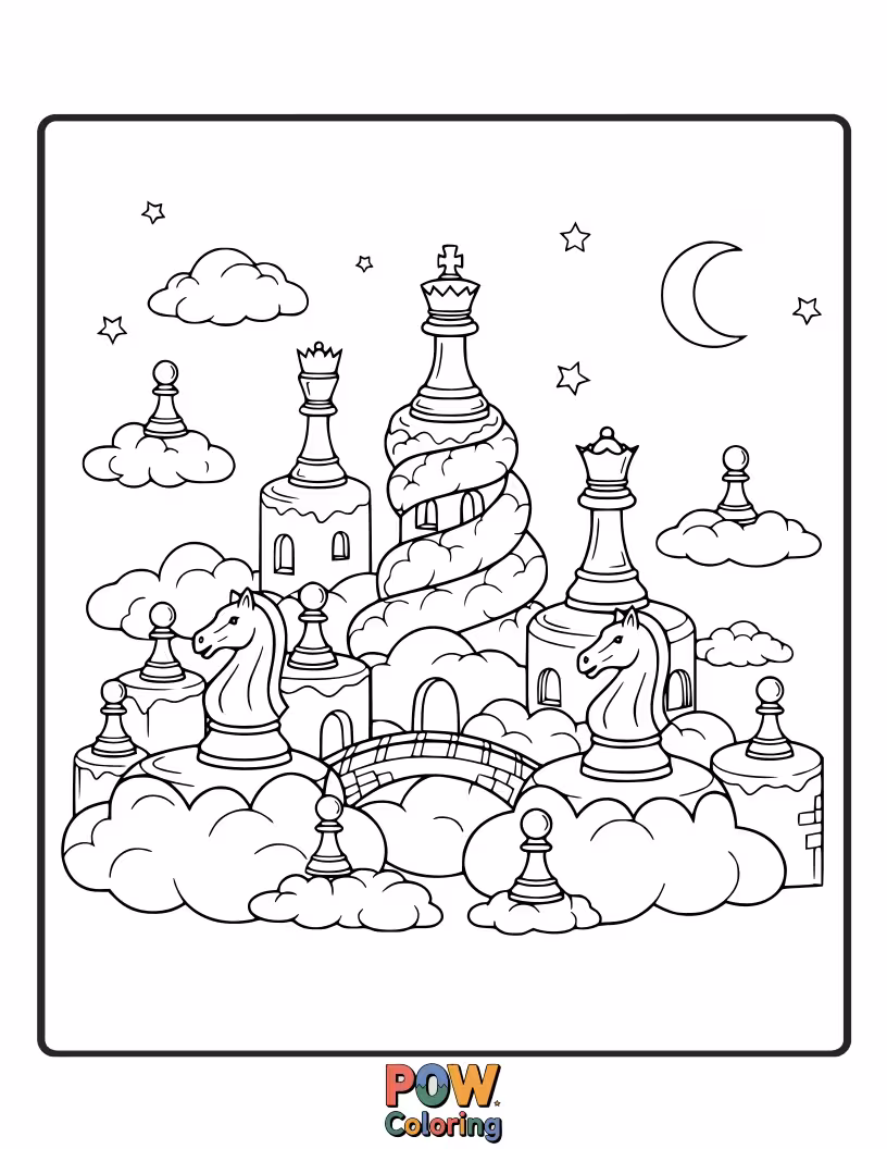 Free coloring page of Chess pieces made of fluffy clouds, drifting and interacting in a serene sky kingdom with a sun advisor.