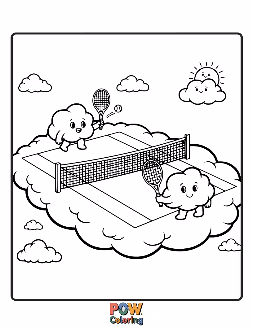 Free coloring page of A whimsical scene of characters playing tennis on a fluffy cloud court, with rainbows in the background.