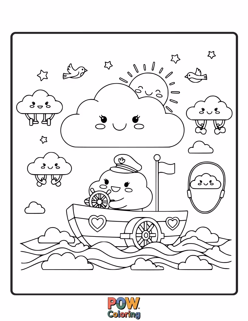 Free coloring page of A fluffy cloud happily floating on a treadmill in the sky, leaving a gentle rain shower below.