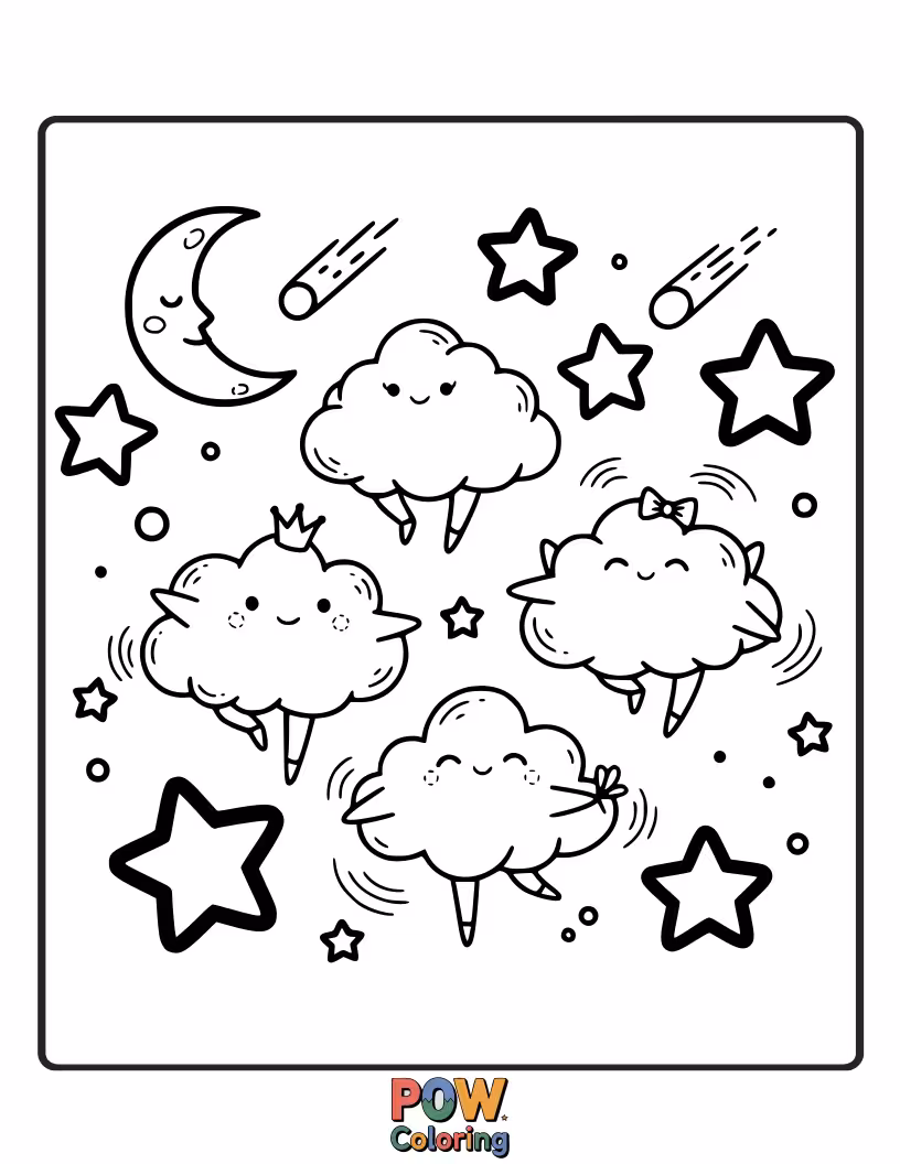Free coloring page of A fluffy cloud drifts and twirls in the sky, adorned with a gossamer tutu, performing a celestial ballet. Heavenly choreography!