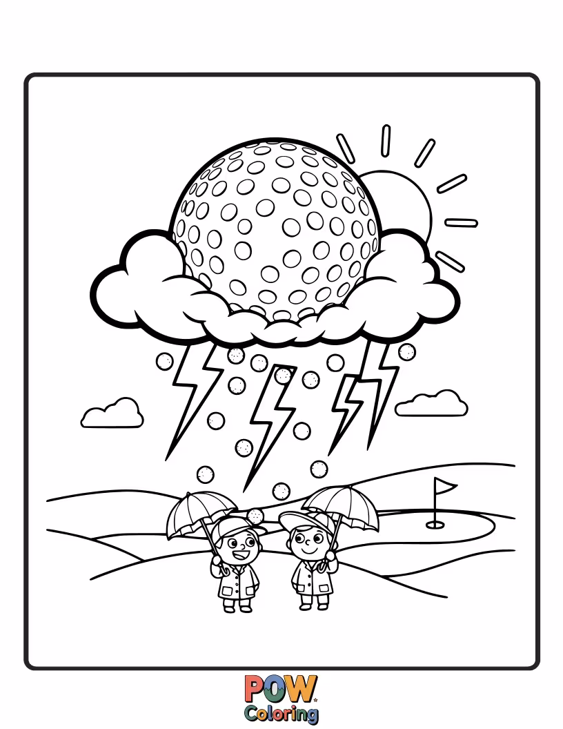 Free coloring page of A playful rain cloud sprinkling water on a golf ball, creating a tiny rainbow.