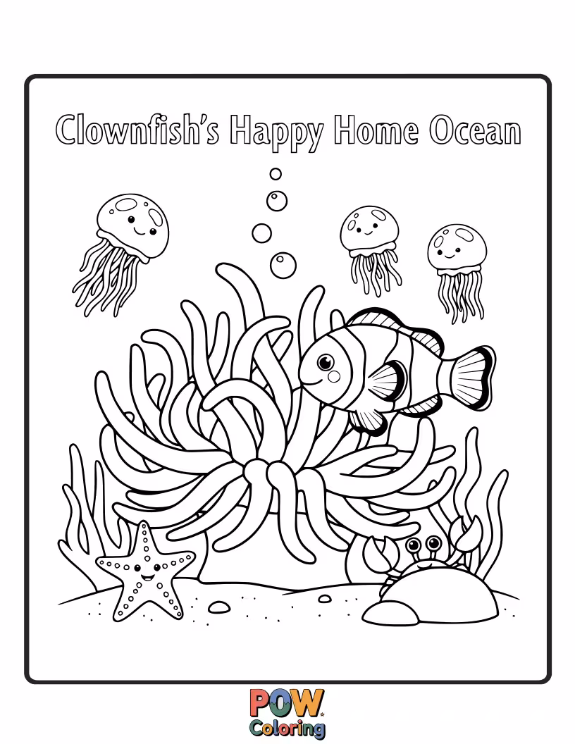 Free coloring page of A bright clownfish peeking out from its anemone home, surrounded by tiny bubbles. A cozy and cheerful dwelling.