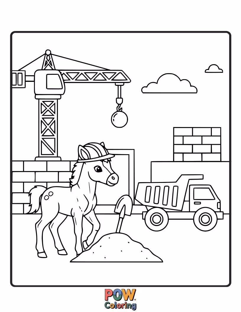 Free coloring page of A little horse wearing a hard hat, operating a toy bulldozer on a dirt pile.