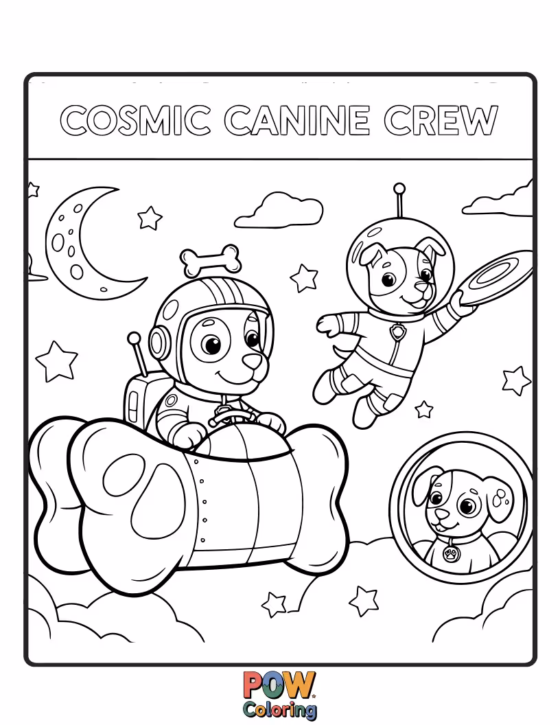 Free coloring page of A playful pack of dogs exploring outer space, adorned with little astronaut helmets and surrounded by sparkling stars and planets.