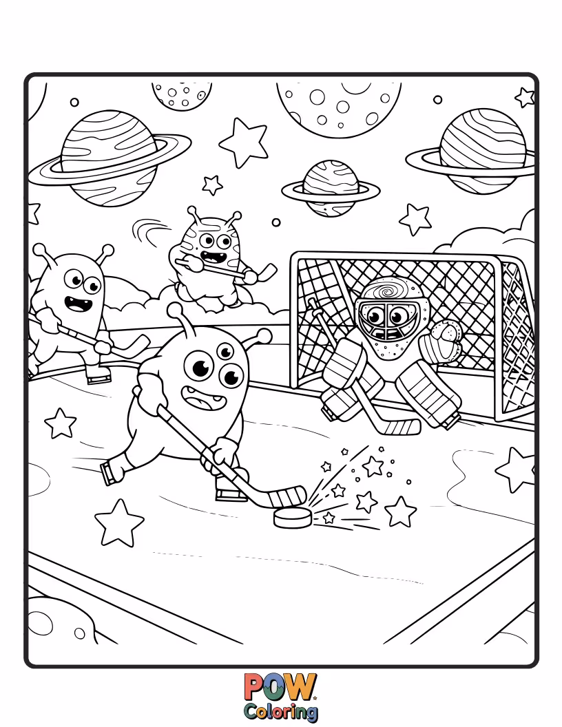 Free coloring page of Silly aliens from outer space attempting to play hockey on a distant planet, using glowing pucks and nebulae as goals. Out-of-this-world fun!