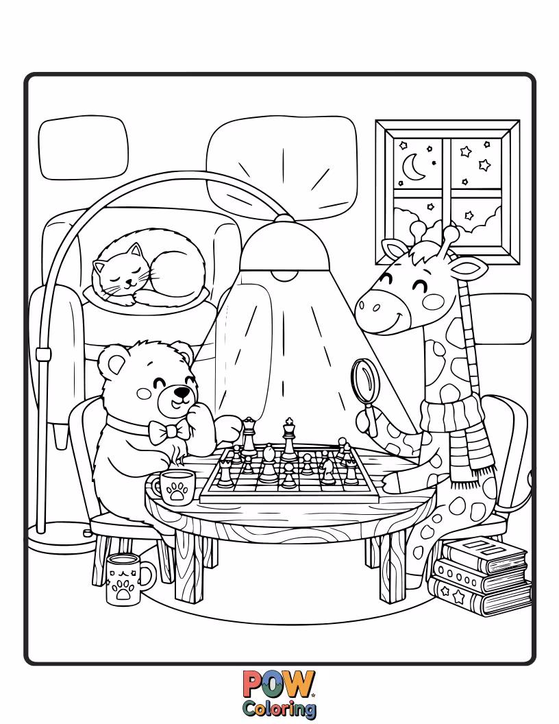 Free coloring page of A sleepy cat curled up on a chess board, purring contentedly amidst the pieces, creating a warm and inviting scene.