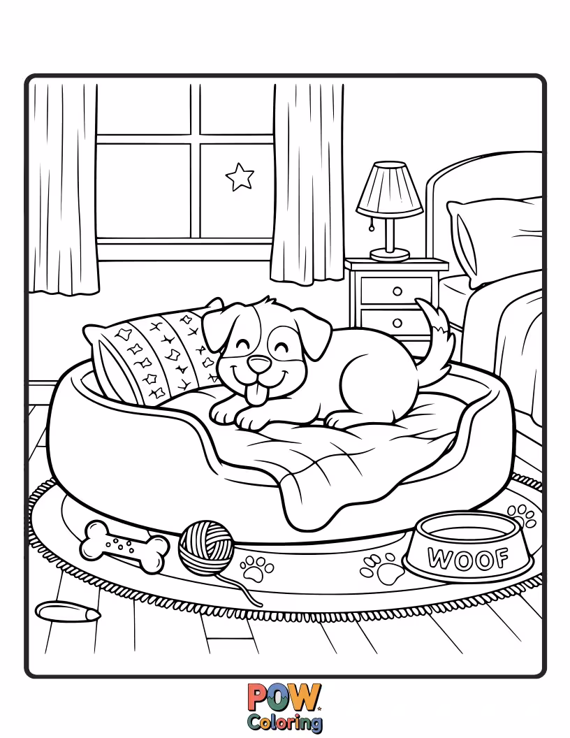 Free coloring page of Heartwarming dogs curled up in cozy blankets, surrounded by books and steaming mugs, creating a peaceful and comforting image.