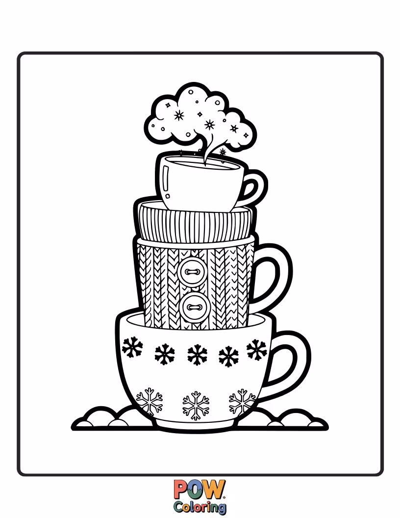 Free coloring page of Warm cups with scarves and hats, enjoying a snowy day with hot chocolate and snowflakes.