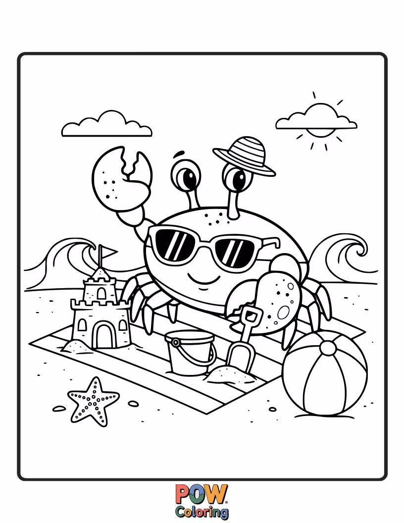 Free coloring page of A happy crab relaxing on a sandy beach, wearing sunglasses and holding a tiny umbrella.