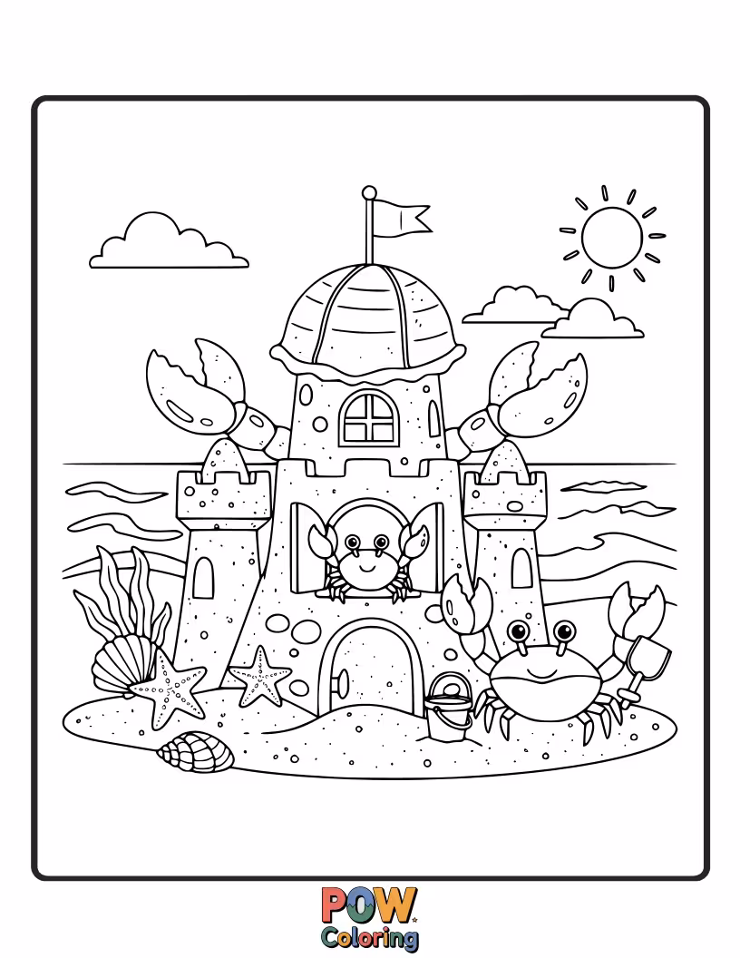 Free coloring page of A determined crab building an impressive sandcastle, with a bucket and shovel, by the gentle ocean waves.