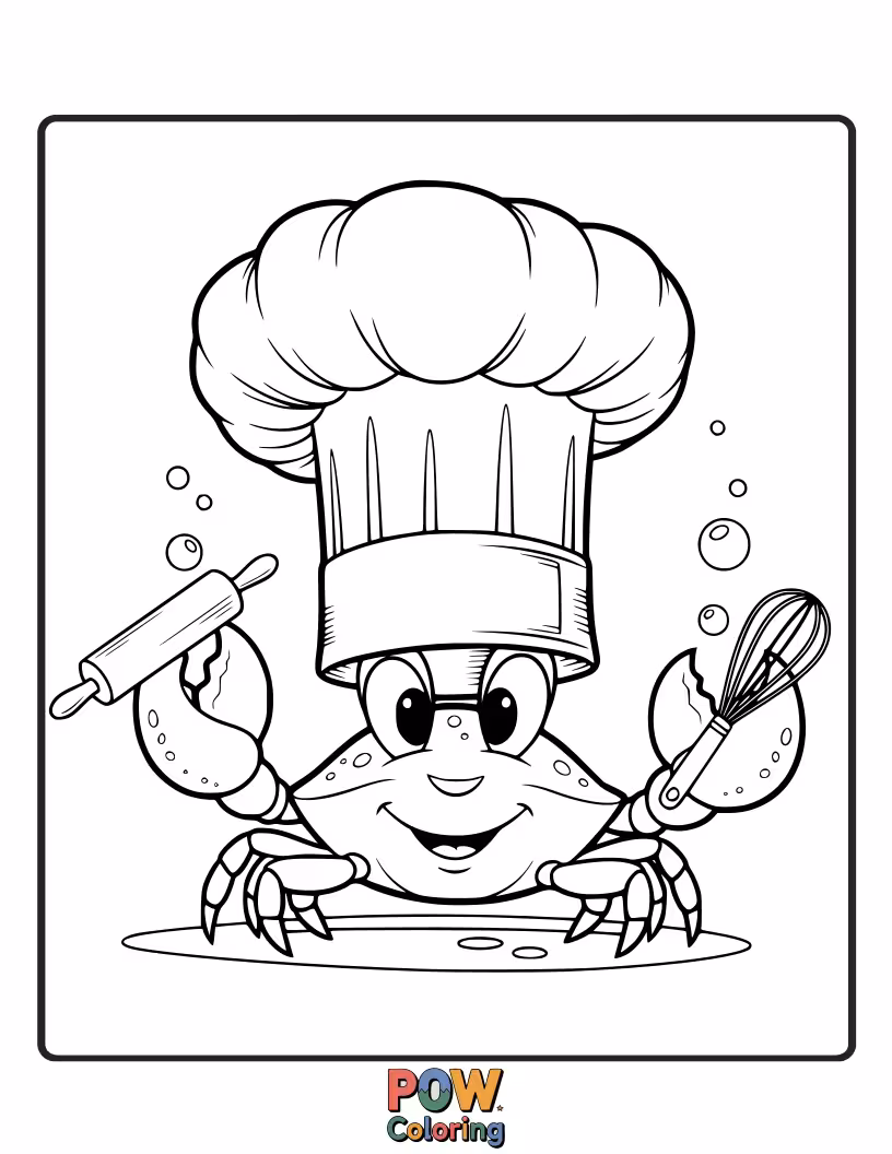 Free coloring page of A talented crab wearing a chef's hat, preparing a delicious seafood dish with flair.