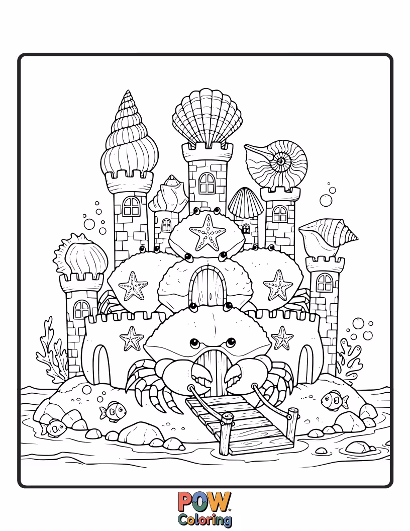 Free coloring page of A charming crab exploring a magnificent underwater fairy tale castle.
