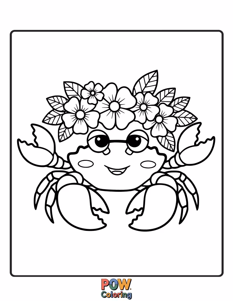 Free coloring page of A delicate crab wearing a beautiful crown made of vibrant ocean flowers.