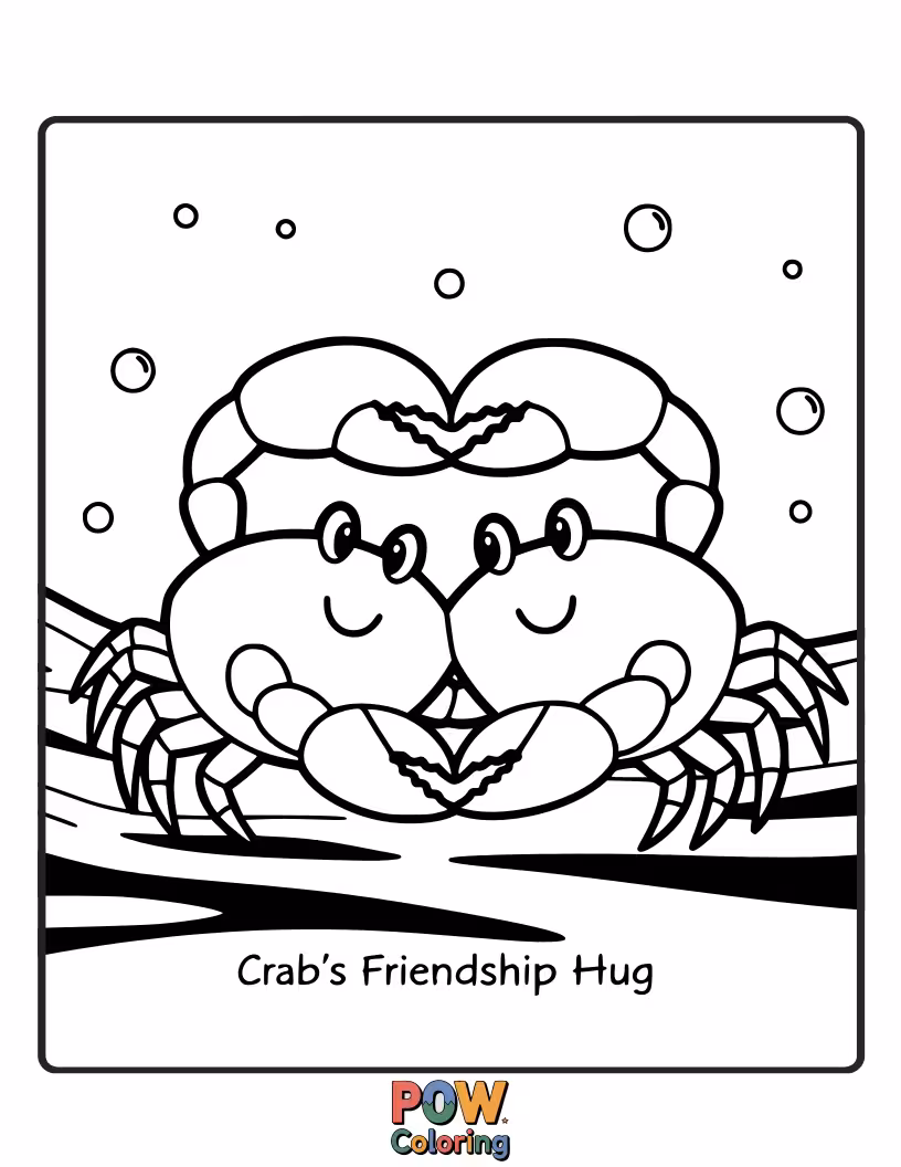 Free coloring page of Two adorable crabs sharing a sweet, gentle hug.