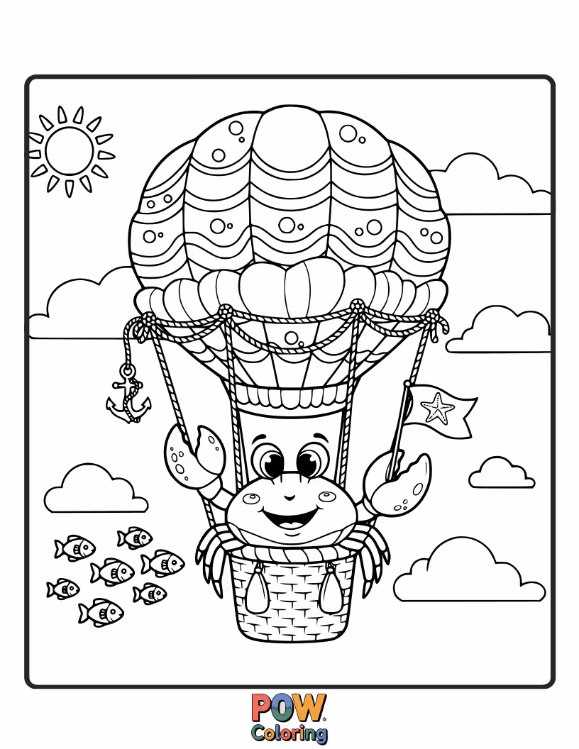 Free coloring page of A curious crab peeking out of a whimsical hot air balloon, floating above the ocean.