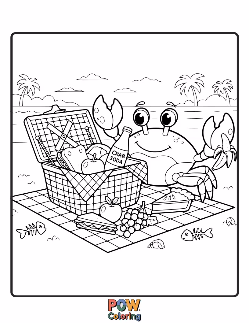 Free coloring page of A cheerful crab carrying a wicker picnic basket overflowing with delicious treats.