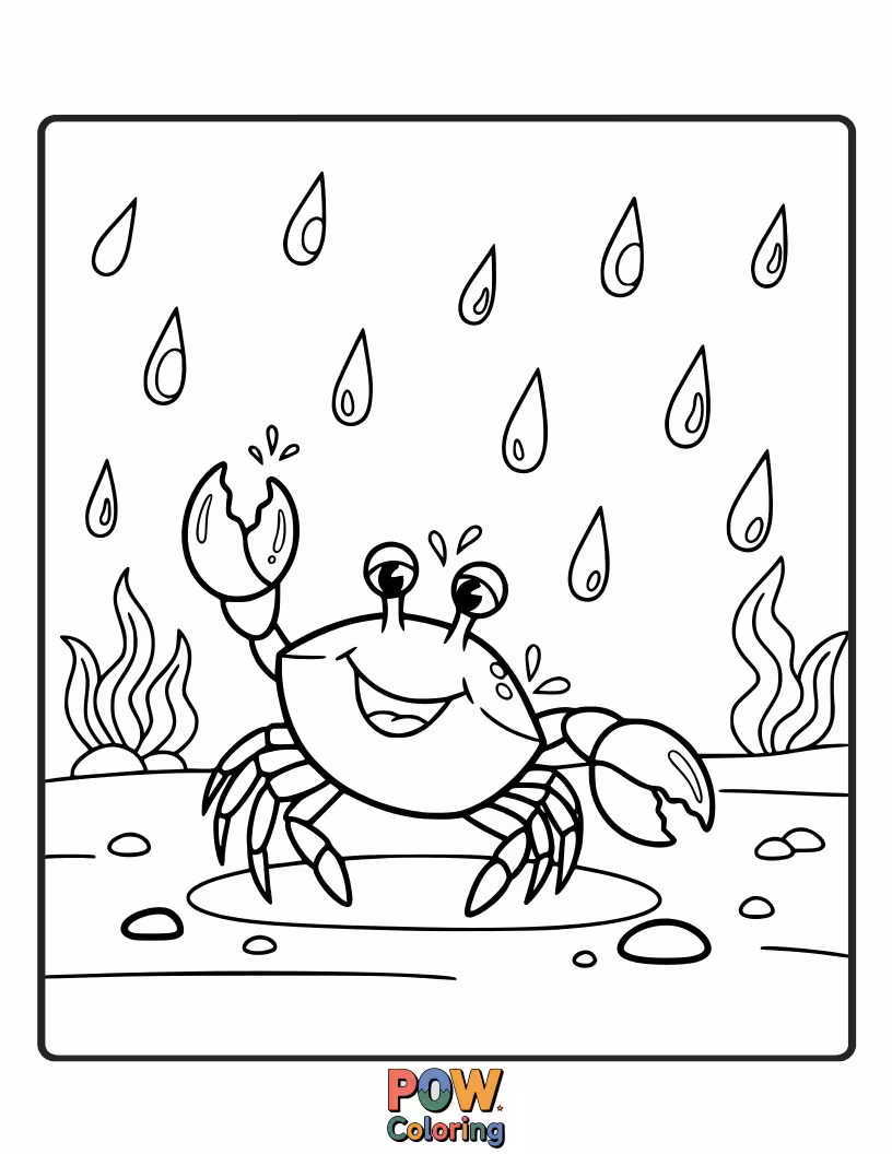 Free coloring page of A joyful crab dancing gleefully in the falling raindrops, splashing with delight.