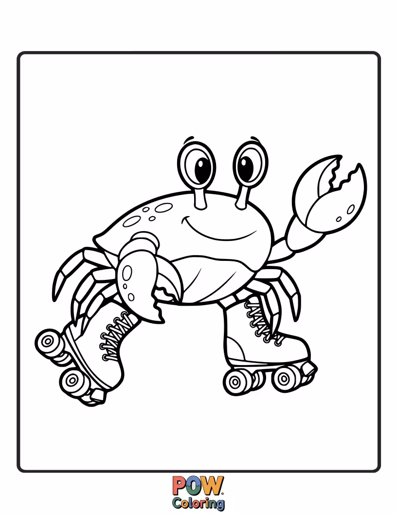 Free coloring page of A speedy crab zipping around on colorful roller skates, leaving a trail of fun.