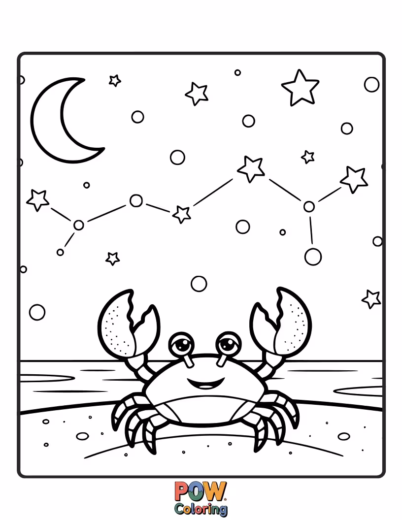 Free coloring page of A pensive crab gazing up at a sky filled with twinkling stars and a big moon.