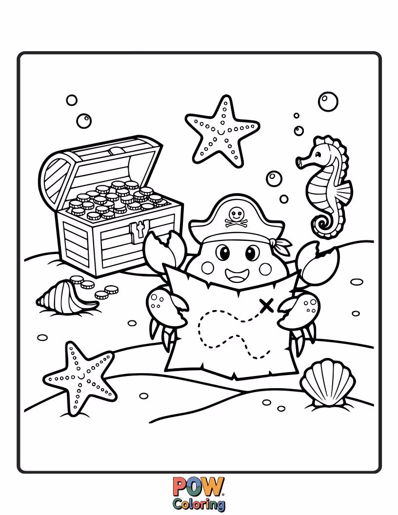 Free coloring page of An excited crab digging for buried treasure, a map in one claw and a shovel in the other.