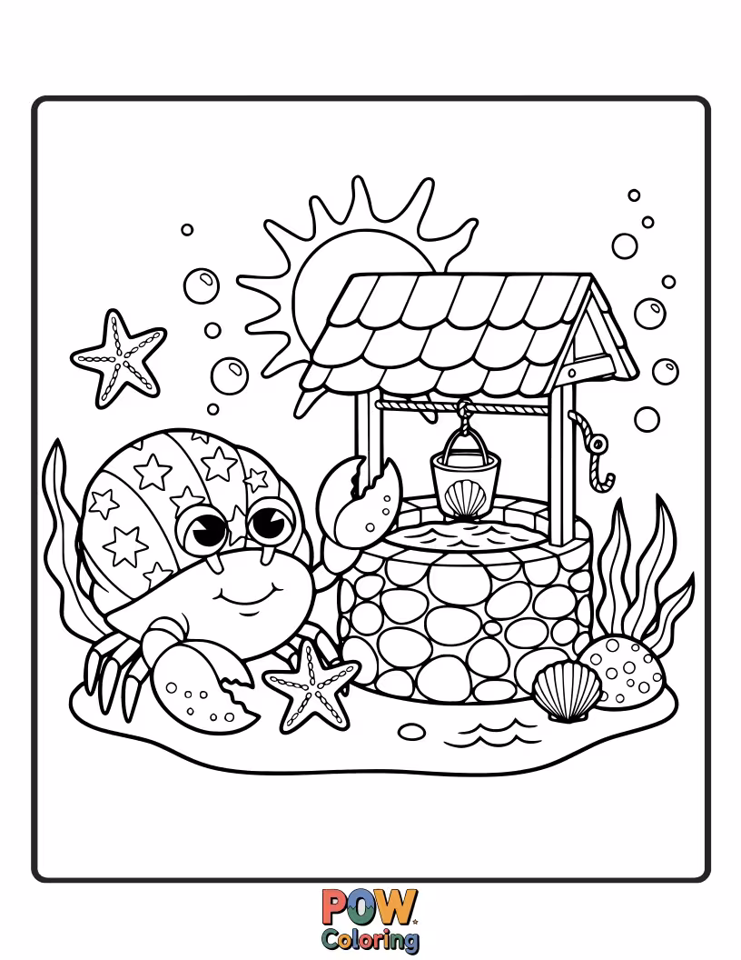 Free coloring page of A hopeful crab tossing a shiny pebble into a wishing well, dreaming of ocean wishes.