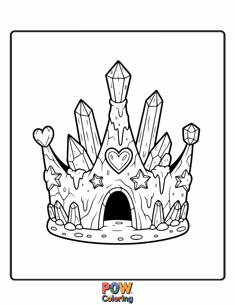 Free coloring page of This crown sparkles with jagged crystal formations and shimmering geode textures, unearthed from a hidden cave.