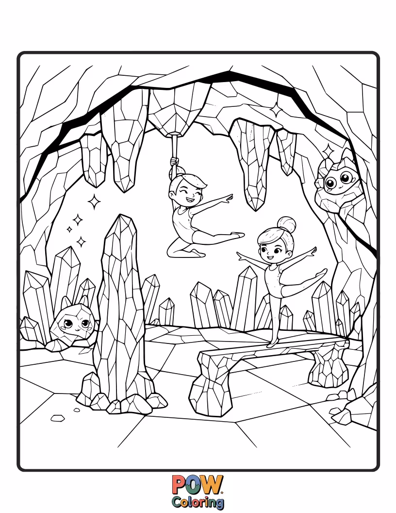 Free coloring page of Mystical creatures performing graceful leaps and balances within a shimmering, jewel-encrusted crystal cave.