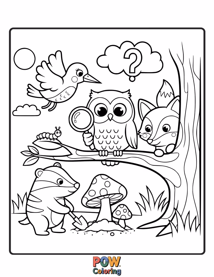 Free coloring page of Dogs interacting with tiny, whimsical forest creatures like fireflies, ladybugs, and curious mushrooms in a magical woodland setting.