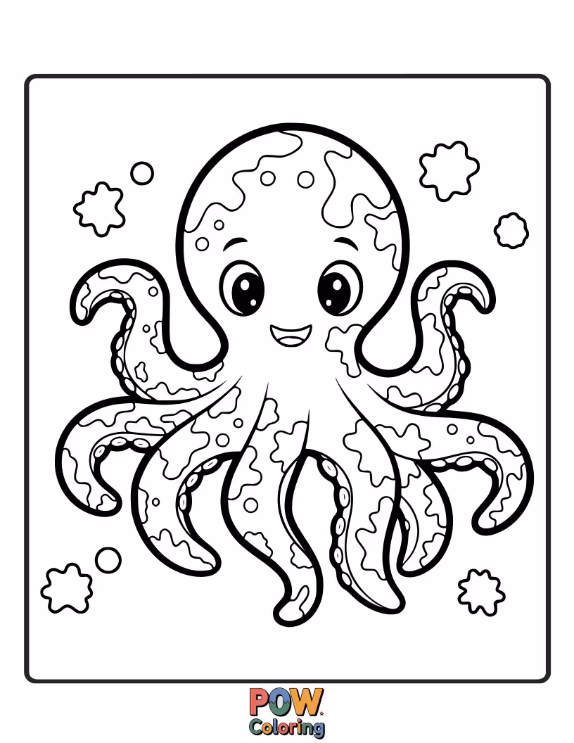 Free coloring page of An octopus playfully splattering ink in various funny shapes and patterns. A mess of cheerful creativity.