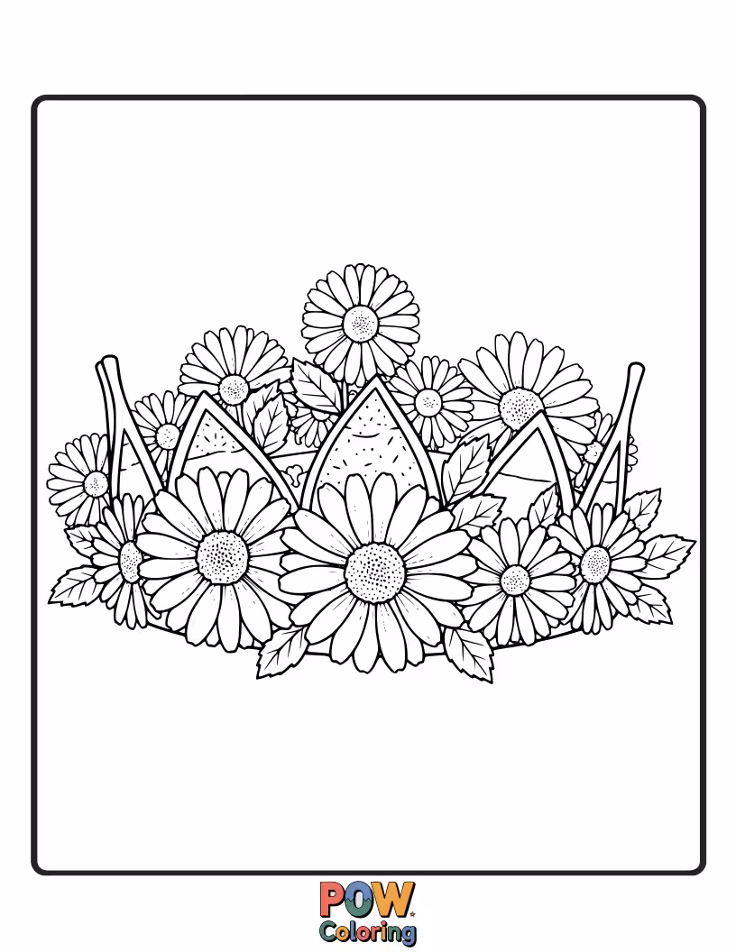 Free coloring page of A sweet and simple crown crafted from cheerful daisy flowers, bringing sunshine to any coloring session.