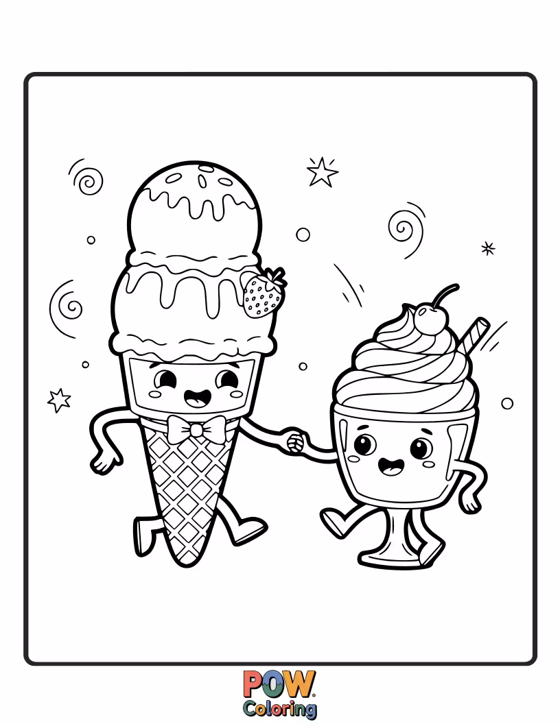 Free coloring page of Two ice cream cones holding hands and twirling elegantly, a sweet duet on a sugary dance floor.