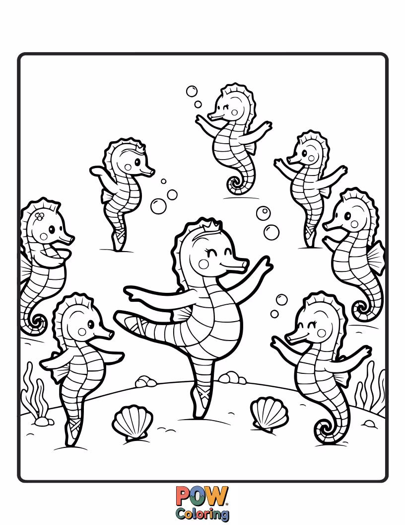 Free coloring page of An elegant seahorse in a graceful ballet pose, surrounded by shimmering water ripples and graceful movements.