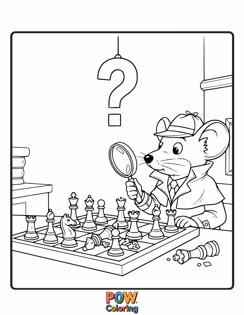 Free coloring page of A curious detective with a magnifying glass examining the chess board, trying to solve a strategic puzzle.