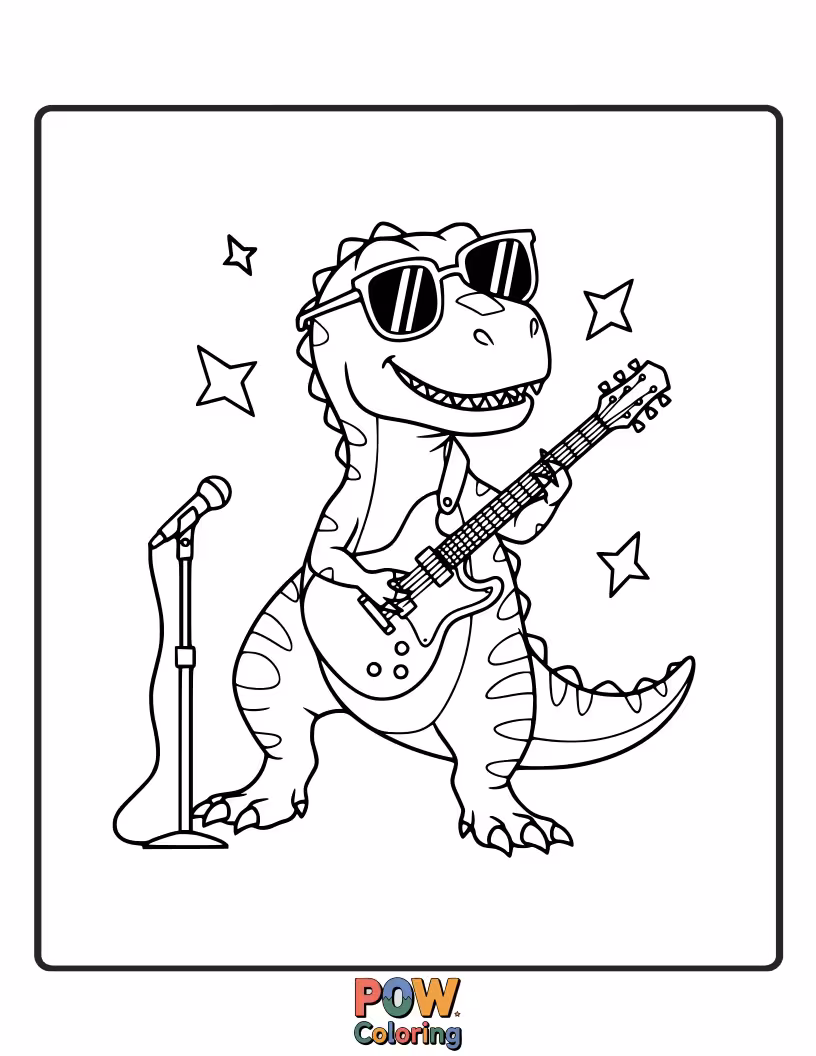 Free coloring page of A cool dinosaur sporting trendy sunglasses, ready to rock out with prehistoric flair.