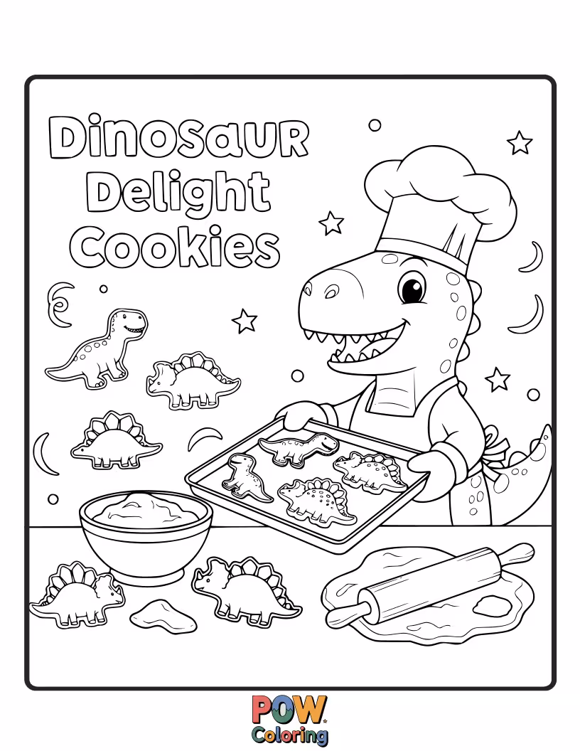 Free coloring page of Roaringly fun cookies shaped like friendly dinosaurs with playful expressions. A prehistoric party awaits!