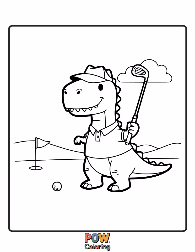 Free coloring page of A friendly T-Rex carefully chipping a golf ball with its tiny arms, looking very focused.