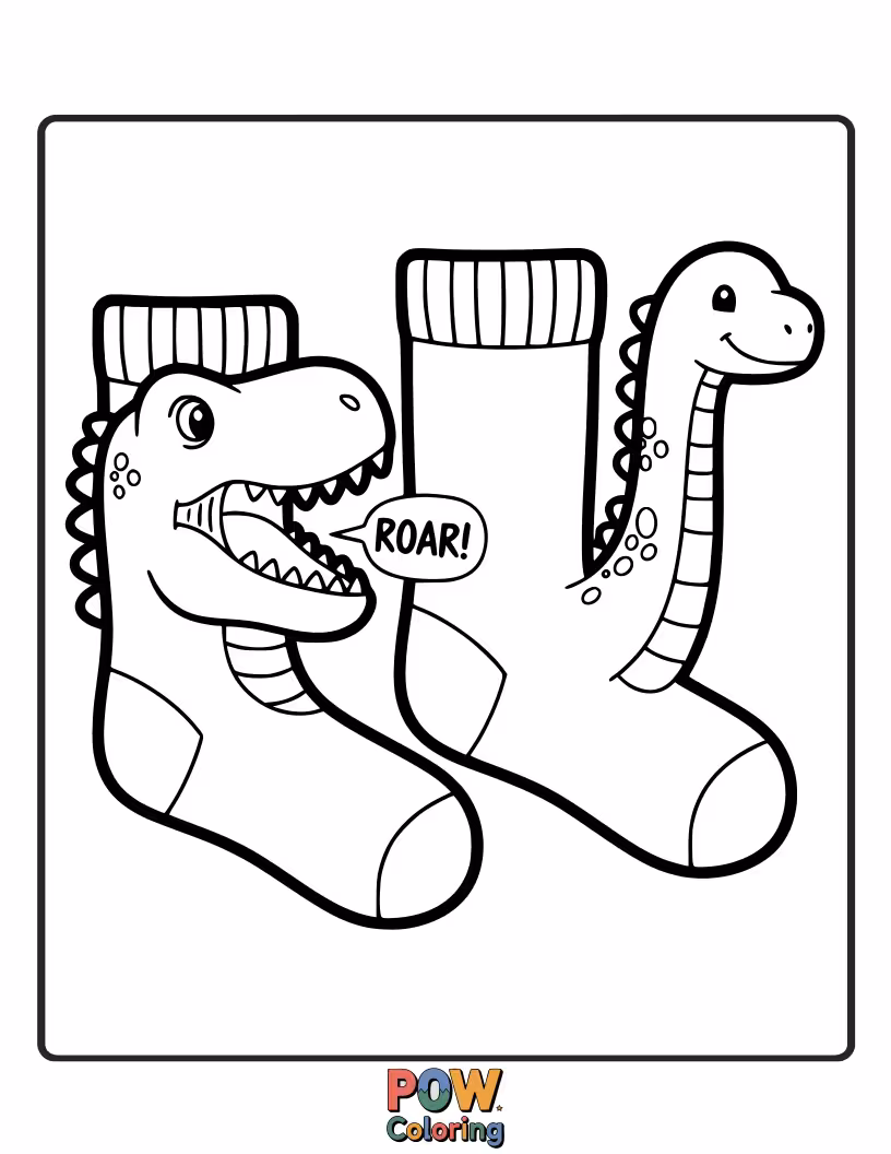 Free coloring page of Stomp into coloring fun with these fierce yet friendly dinosaur socks, complete with volcanoes and palm trees.