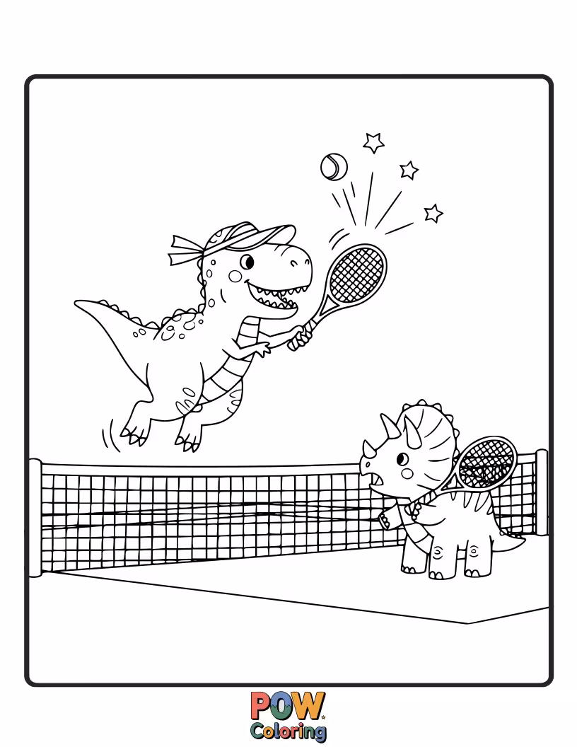Free coloring page of A friendly T-Rex attempting a powerful tennis smash, with a tiny tennis racket in its claw.