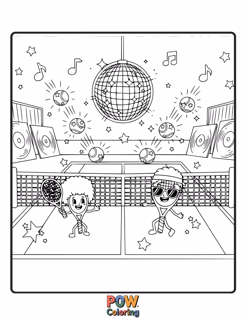 Free coloring page of A group of funky anthropomorphic fruits playing tennis under a disco ball, grooving to the beat.